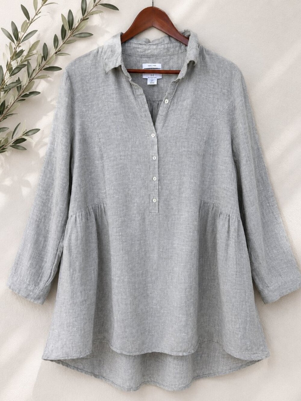 Halston 100% Linen Tunic Dress Large Sage Green Minimalist Lagenlook Coastal